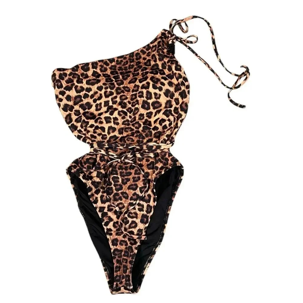 Good American Women's Size Small Leopard Hot Shoulder One Piece Swimsuit Used